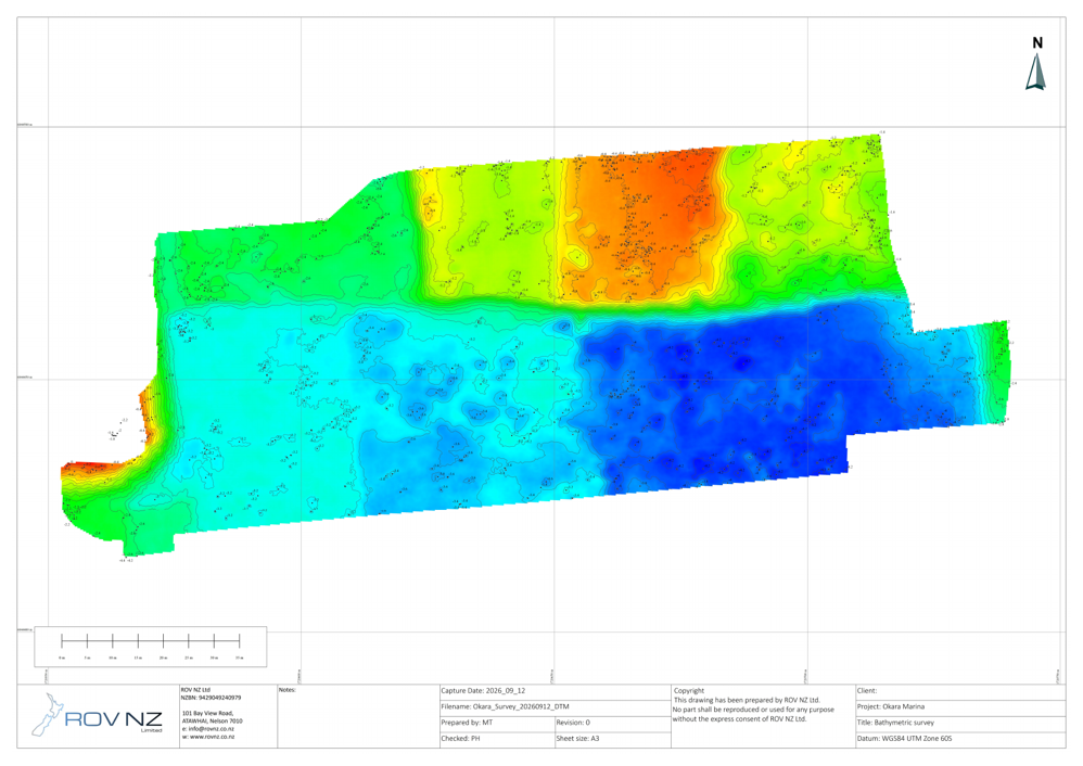 Okara Marina bathymetric drawing showing colour-coded depths and contours
